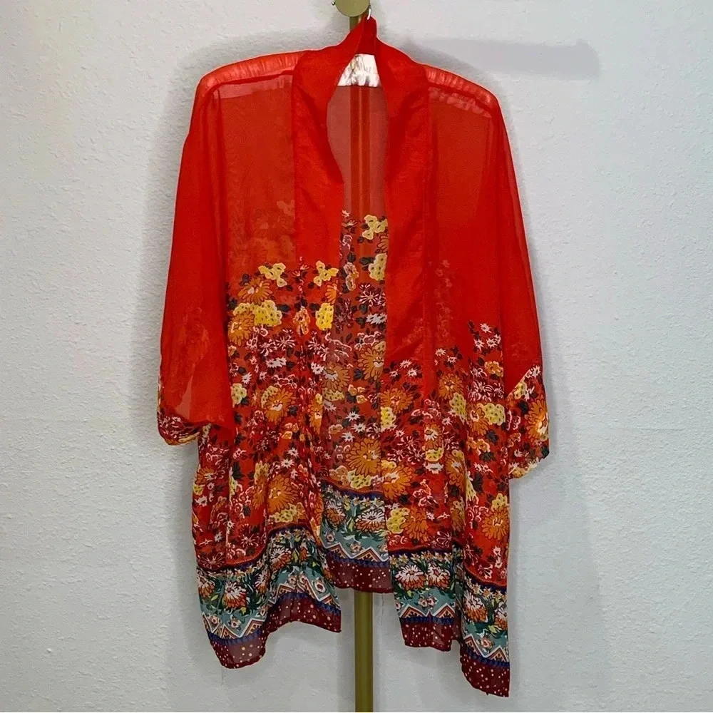 Red Floral Print Sheer Chiffon Kimono Cardigan 3/4 Sleeve Boho Beach Cover Up